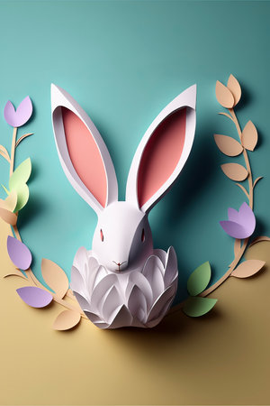 Happy Easter theme banner with paper cutout mural of rabbit and eggs for Easter celebration.の素材