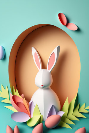 Happy Easter theme banner with paper cutout mural of rabbit and eggs for Easter celebration.の素材