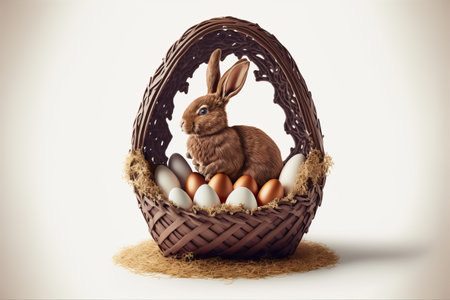 Basket with Rabbit and easter chocolate eggs, golden, painted and textured on white endless background.の素材