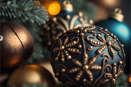 Close-up of baubles on Christmas tree with garlands on colorful background with selective focus and blurred background.の素材