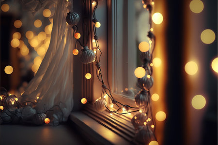 Christmas light garland on window and decoration on colorful background with selective focus and blurred background.の素材