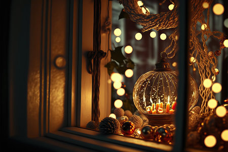 Christmas light garland on window and decoration on colorful background with selective focus and blurred background.の素材