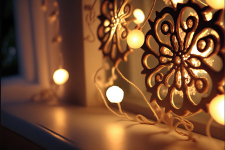 Christmas light garland on window and decoration on colorful background with selective focus and blurred background.の素材