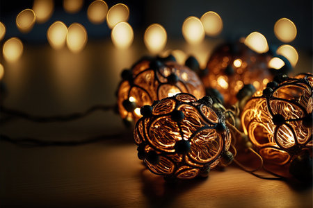Christmas light garland on window and decoration on colorful background with selective focus and blurred background.の素材