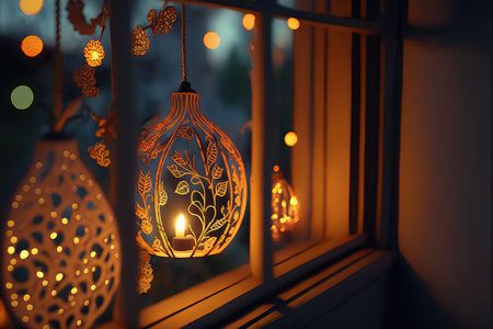 Christmas light garland on window and decoration on colorful background with selective focus and blurred background.の素材
