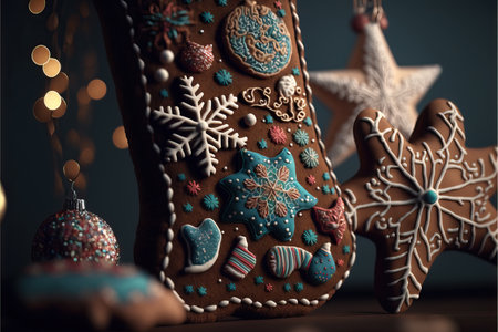 Christmas stockings in fireplace and decoration on colorful background with selective focus and blurred background.の素材