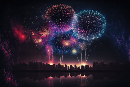 New Year's Eve party with fireworks exploding over city skyline with reflections in water and Fourth of July festival.の素材