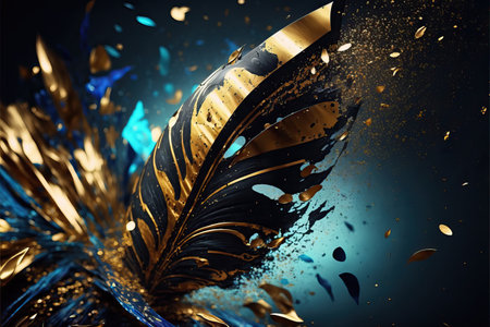 Blue and yellow abstract background for carnival party concept with gold foil, streamers and shiny confetti.の素材