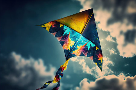 Kite Parrot flying in the blue sky between clouds in concept for International Festival of Kites.の素材