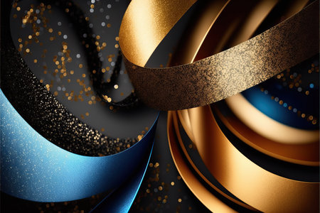 Blue and yellow abstract background for carnival party concept with gold foil, streamers and shiny confetti.の素材