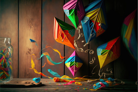 Colorful balloon kites on the table in preparation for party decorations.の素材