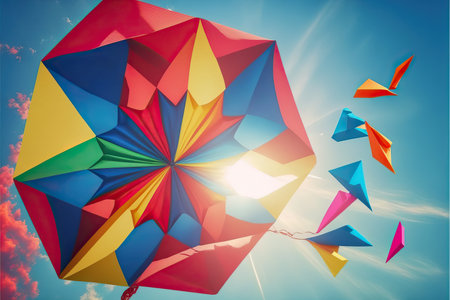 Kite Parrot flying in the blue sky between clouds in concept for International Festival of Kites.の素材