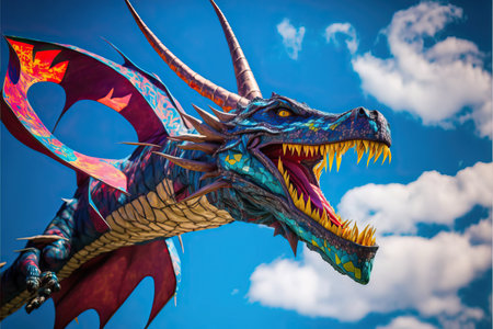 Dragon kite flying in the blue sky between clouds in concept for international festival of kites.の素材
