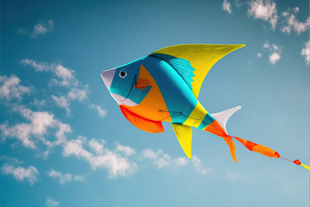 Kite in the form of a fish flying in the blue sky among clouds in concept for International Festival of Kites.の素材