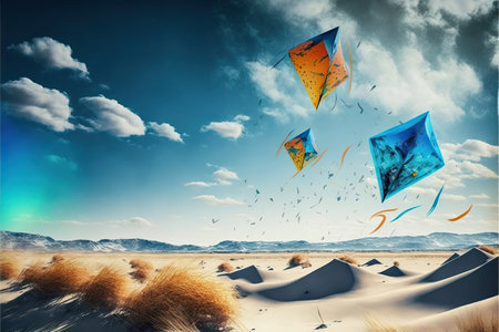Various types of kites flying in the blue sky among clouds in concept for international kite festival.の素材