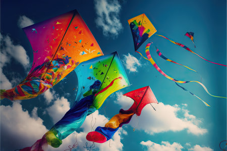 Various types of kites flying in the blue sky among clouds in concept for international kite festival.の素材
