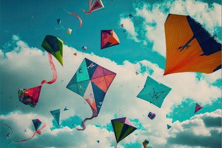 Various types of kites flying in the blue sky among clouds in concept for international kite festival.の素材