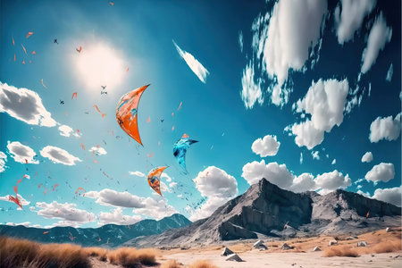 Various types of kites flying in the blue sky among clouds in concept for international kite festival.の素材