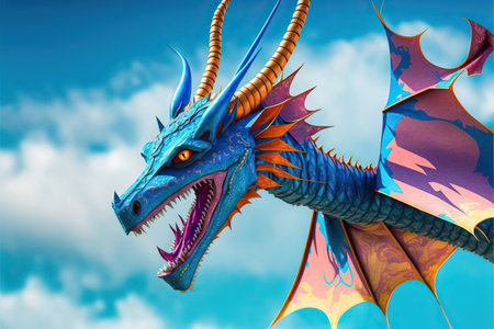 Dragon kite flying in the blue sky between clouds in concept for international festival of kites.の素材