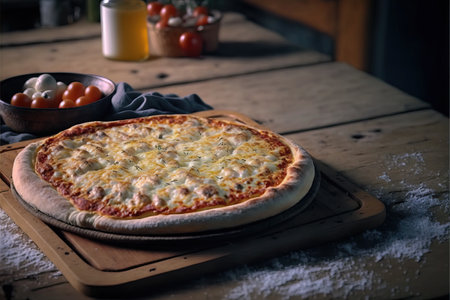 Four cheese pizza with tomato sauce and basil leaves.の素材