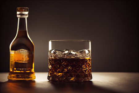 A glass of whiskey with ice and bottle on the table.の素材