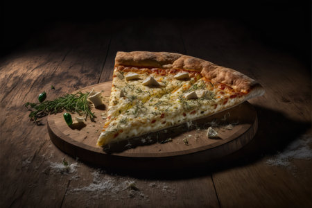 Four cheese pizza slice with tomato sauce and basil leaf.の素材