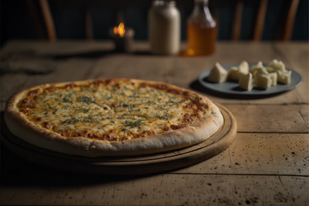 Four cheese pizza with tomato sauce and basil leaves.の素材