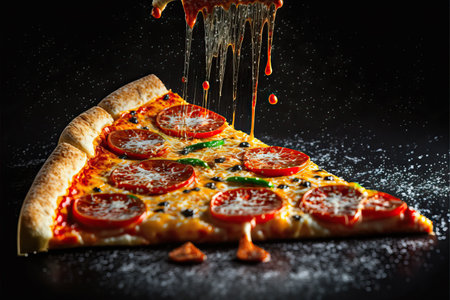 Slice of traditional Italian pepperoni pizza with tomato sauce and arugula.の素材