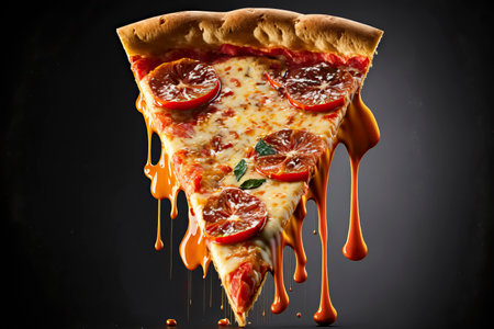 Slice of traditional Italian pepperoni pizza with tomato sauce and arugula.の素材