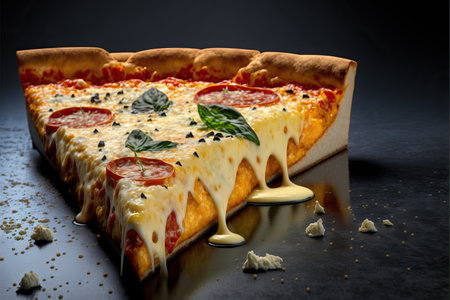Slice of traditional Italian pepperoni pizza with tomato sauce and arugula.の素材