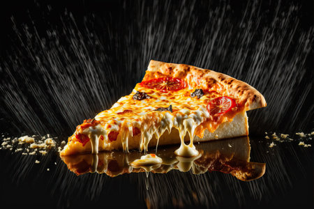 Four cheese pizza slice with tomato sauce and basil leaf.の素材