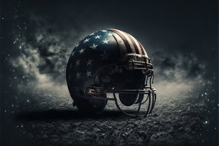 American football themed poster and wallpaper for Super Bowl featuring football helmet, ball, player and stadium.の素材