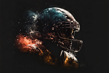 American football themed poster and wallpaper for Super Bowl featuring football helmet, ball, player and stadium.の素材