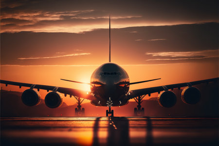 Airplane taxiing on runway threshold for take off or landing on runway with sun shining and yellowish sky reflectingの素材