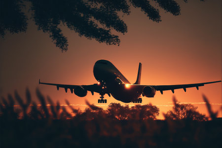 Airplane taxiing on runway threshold for take off or landing on runway with sun shining and yellowish sky reflectingの素材