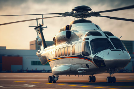 Commercial helicopter and air taxi on helipad at sunset glowing and yellowish sky reflectingの素材