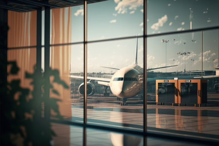 Airplane stopped on the apron of an international airport for boarding and disembarking passengersの素材