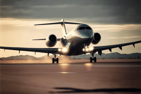 Airplane taxiing on runway threshold for take off or landing on runway with sun shining and yellowish sky reflectingの素材