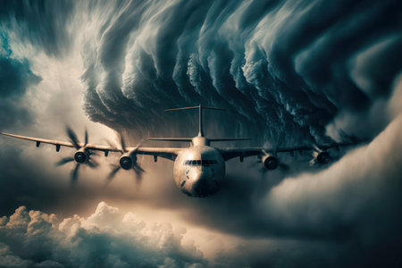 Big plane coming out of heavy thunder and lightning cloudsの素材