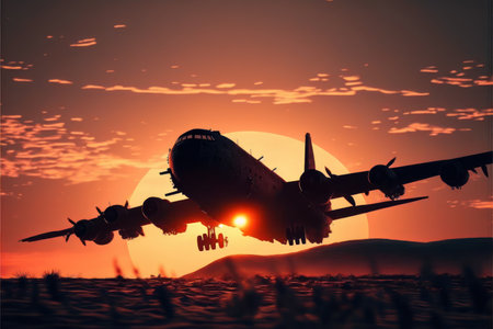 Airplane taxiing on runway threshold for take off or landing on runway with sun shining and yellowish sky reflectingの素材