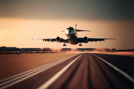 Airplane taxiing on runway threshold for take off or landing on runway with sun shining and yellowish sky reflectingの素材