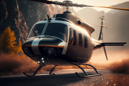 Commercial helicopter and air taxi on helipad at sunset glowing and yellowish sky reflectingの素材