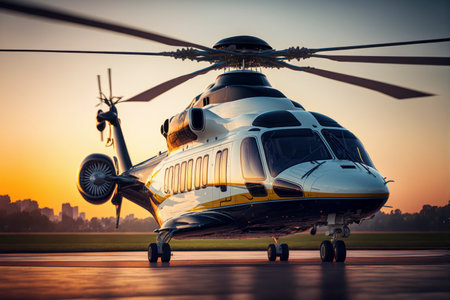 Commercial helicopter and air taxi on helipad at sunset glowing and yellowish sky reflectingの素材