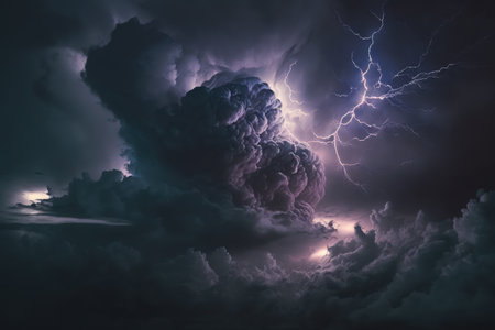 Huge storm image of bulky and hurricane clouds, rain, strong winds, lightning and dramatic stormy weatherの素材