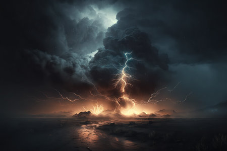 Huge storm image of bulky and hurricane clouds, rain, strong winds, lightning and dramatic stormy weatherの素材