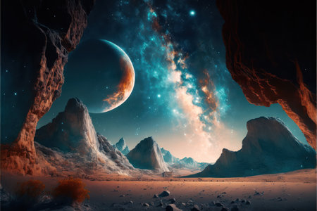 Fantastic spacescape with planets and constellations in bright colors, galactic explosion of stars, comets and nebulaeの素材