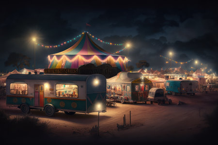 A big and famous bright and colorful circus with an amusement park, trailers, trucks and motorhomesの素材