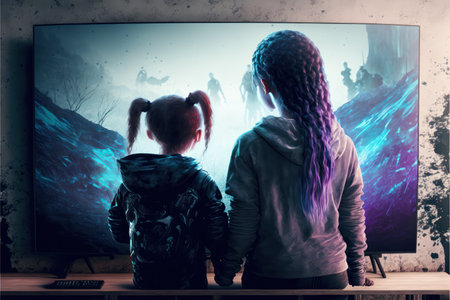 Children playing wireless futuristic video game and handheld emulator device in front of LED televisionの素材