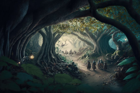 A beautiful fairy tale enchanted forest with big trees and great vegetation. digital painting backgroundの素材