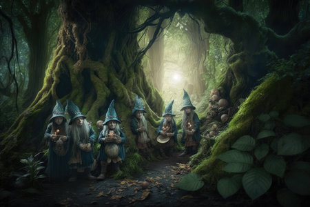 A beautiful fairy tale enchanted forest with big trees and great vegetation. digital painting backgroundの素材